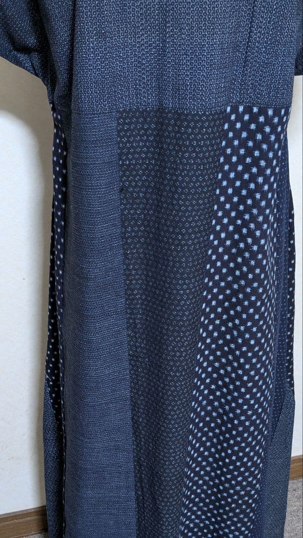 久留米　書生絣　雪ん子柄　藍染古布着物リメイクロングワンピース　　A 14