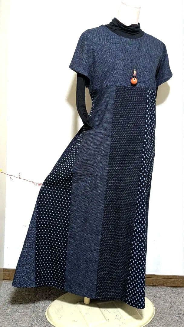 久留米　書生絣　雪ん子柄　藍染古布着物リメイクロングワンピース　　A 14
