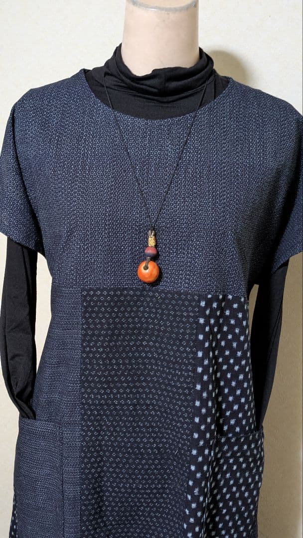 久留米　書生絣　雪ん子柄　藍染古布着物リメイクロングワンピース　　A 14