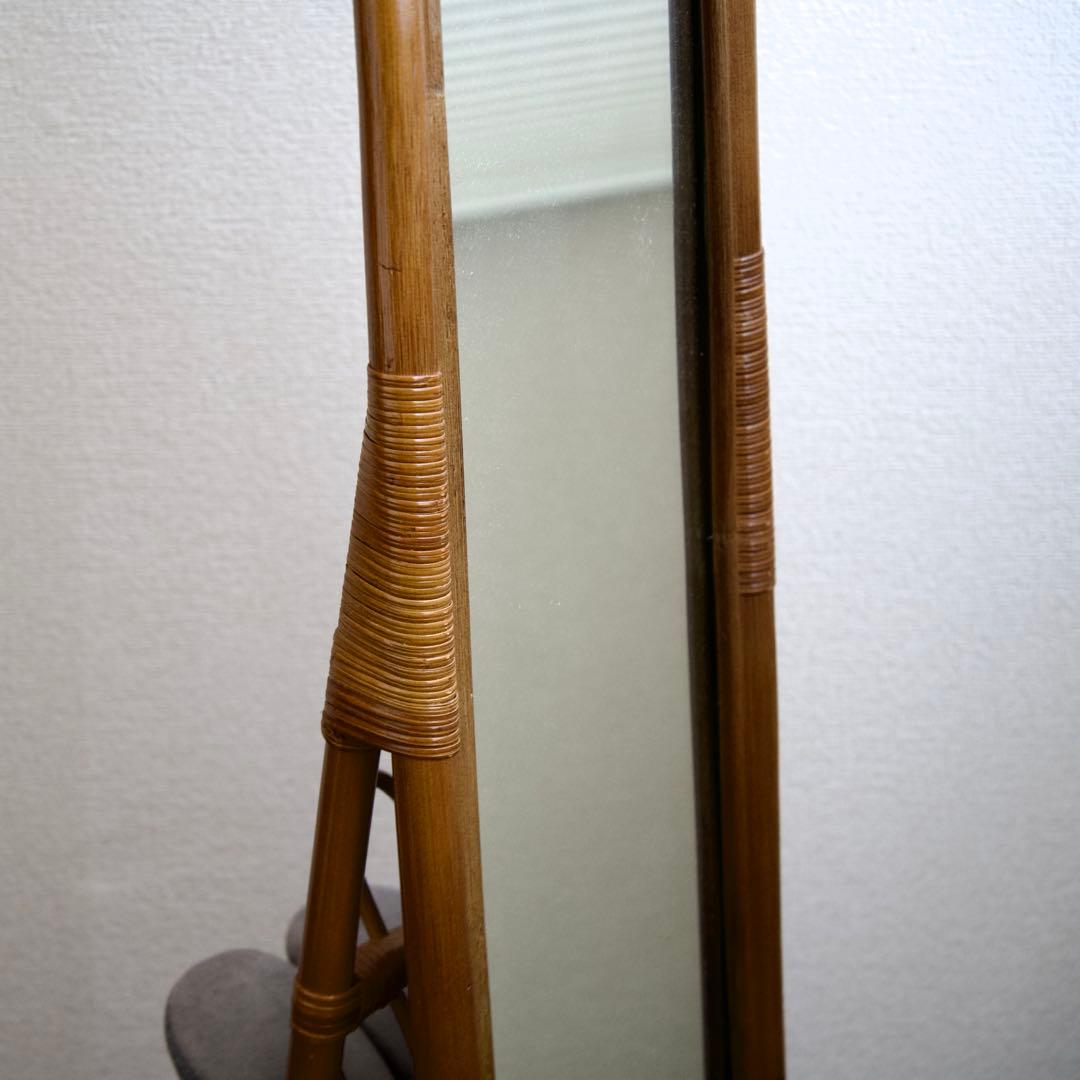 籐 ラタンフレーム 回転式 スタンドミラー 姿見鏡 全身鏡 回転鏡 回転ミラー