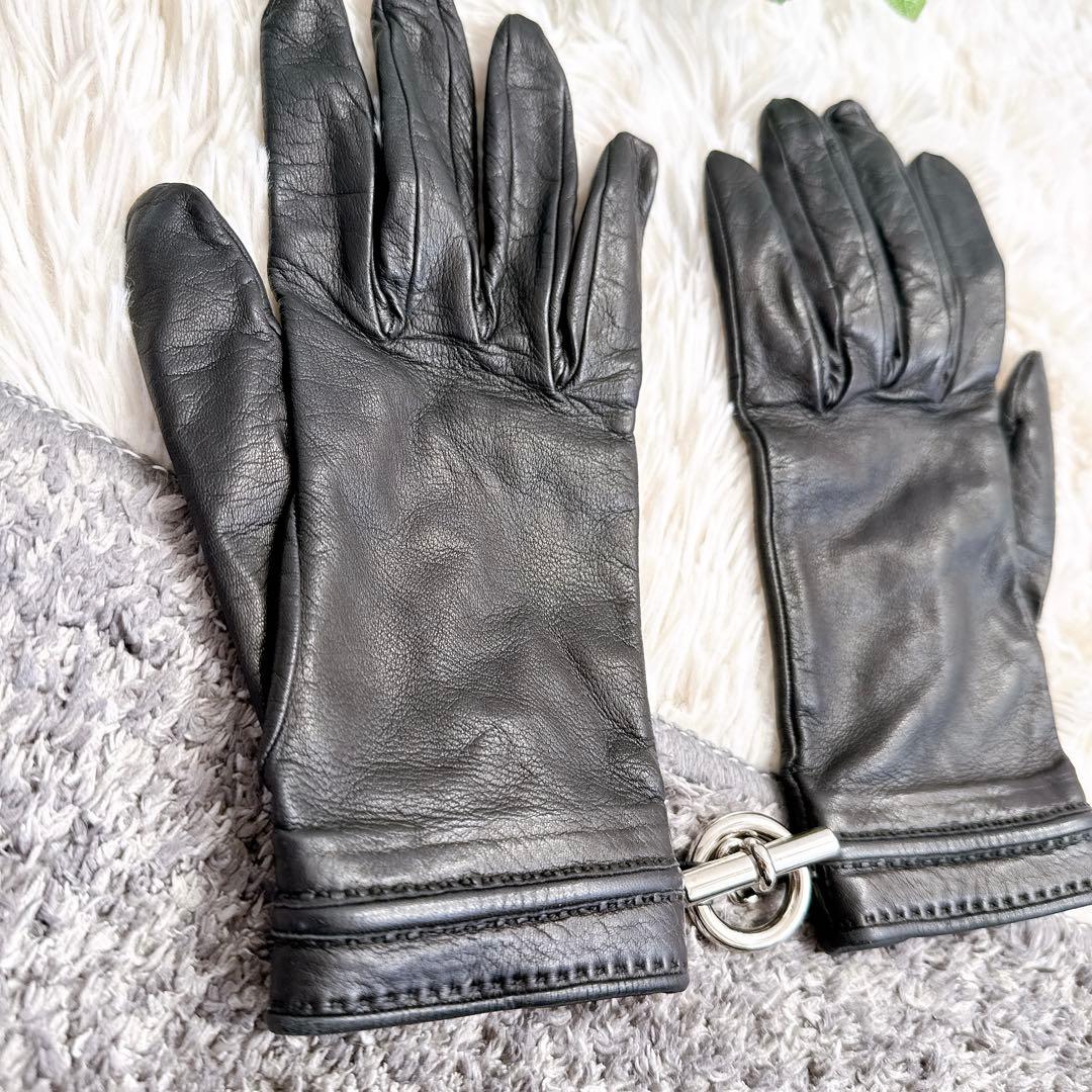 鑑定済み　HERMES エルメス　レザー　グローブ　手袋　ブラック　シルバー金具