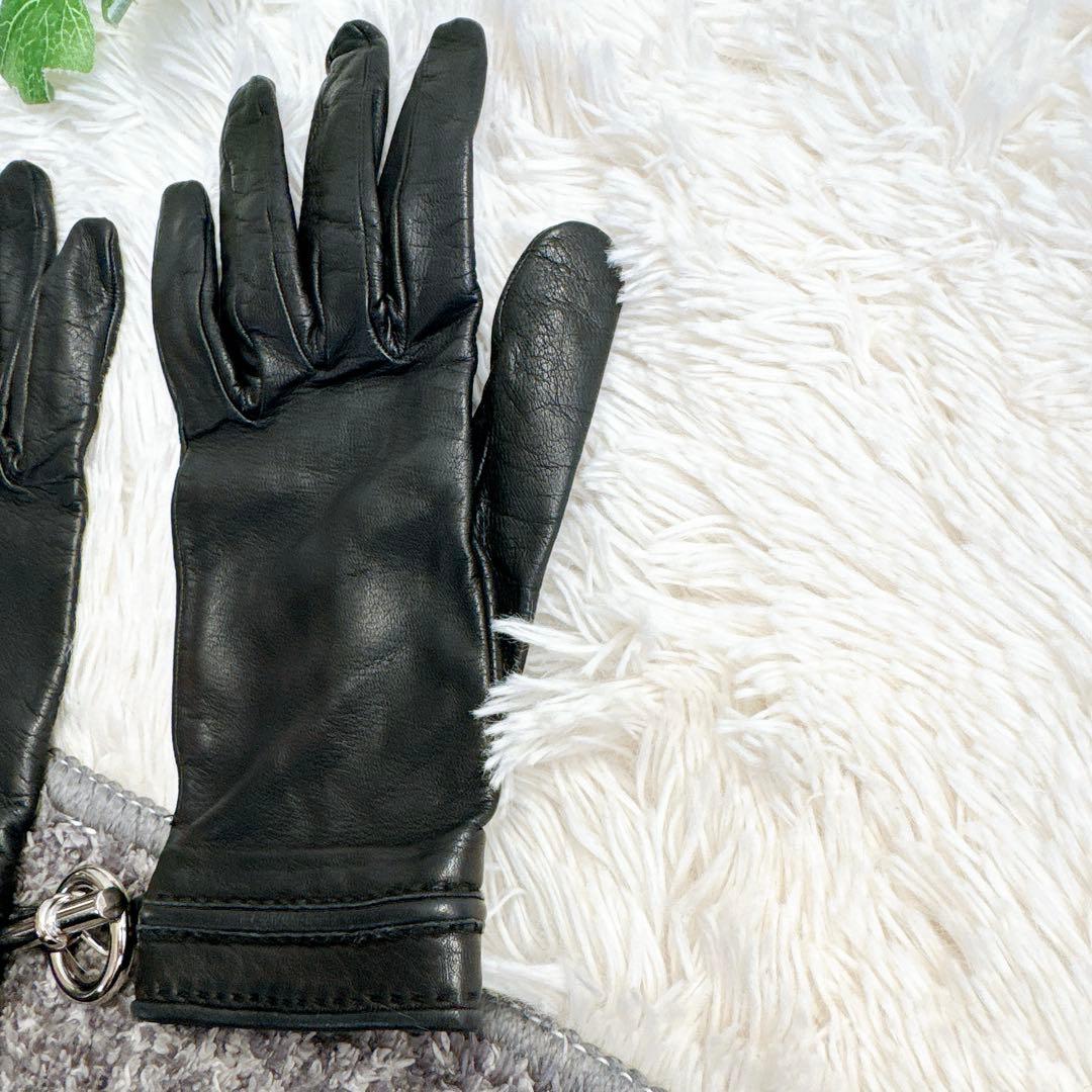 鑑定済み　HERMES エルメス　レザー　グローブ　手袋　ブラック　シルバー金具