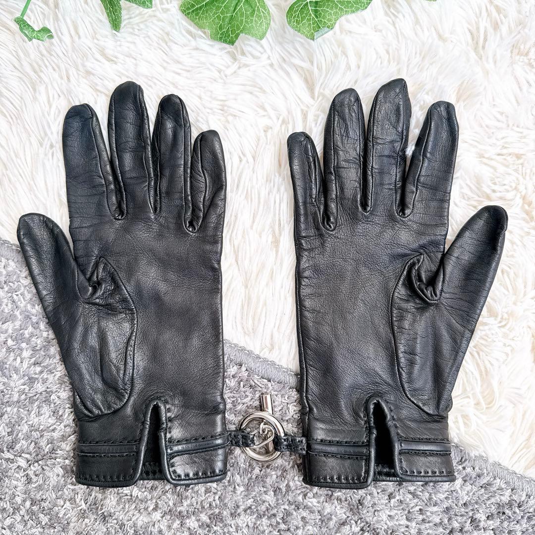 鑑定済み　HERMES エルメス　レザー　グローブ　手袋　ブラック　シルバー金具