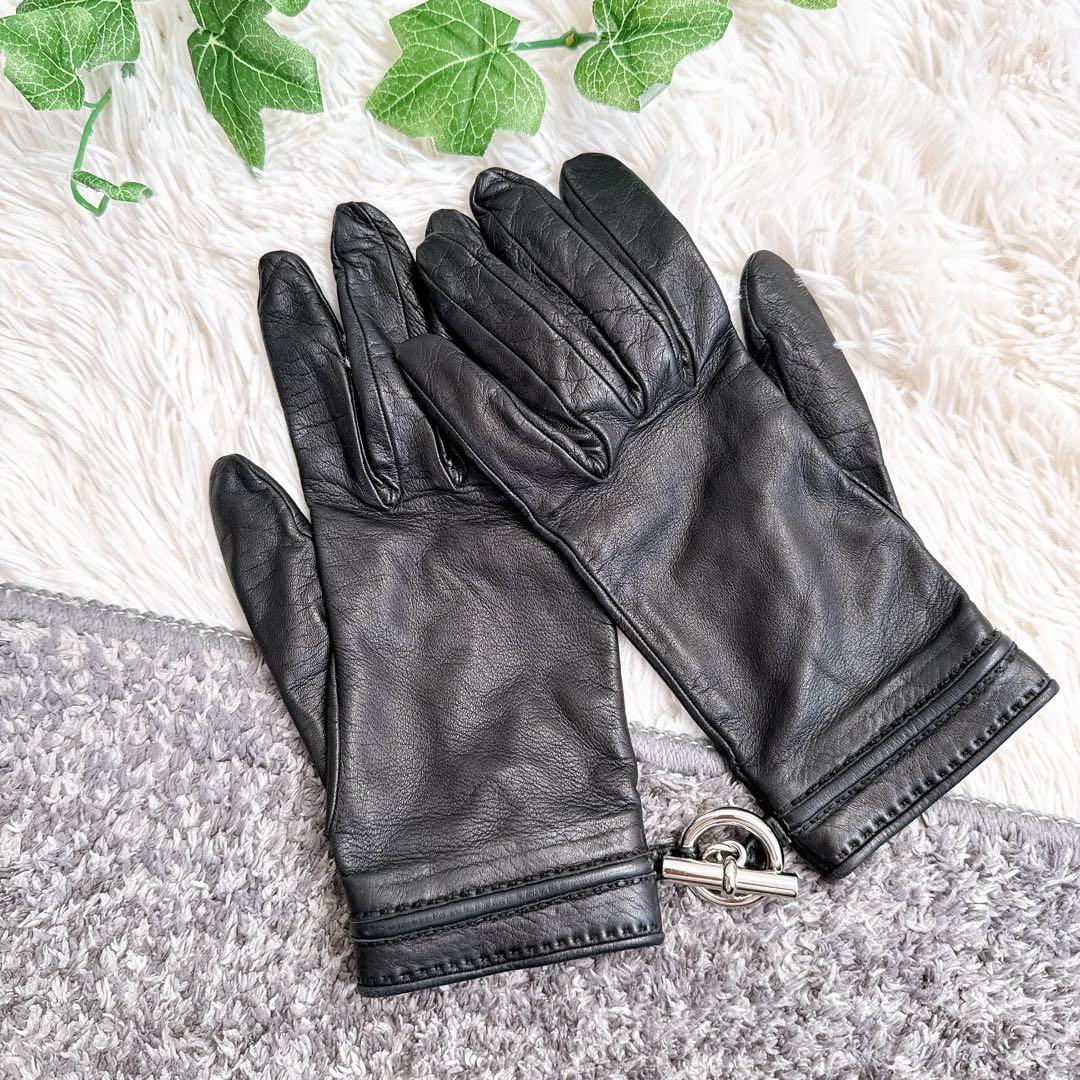 鑑定済み　HERMES エルメス　レザー　グローブ　手袋　ブラック　シルバー金具