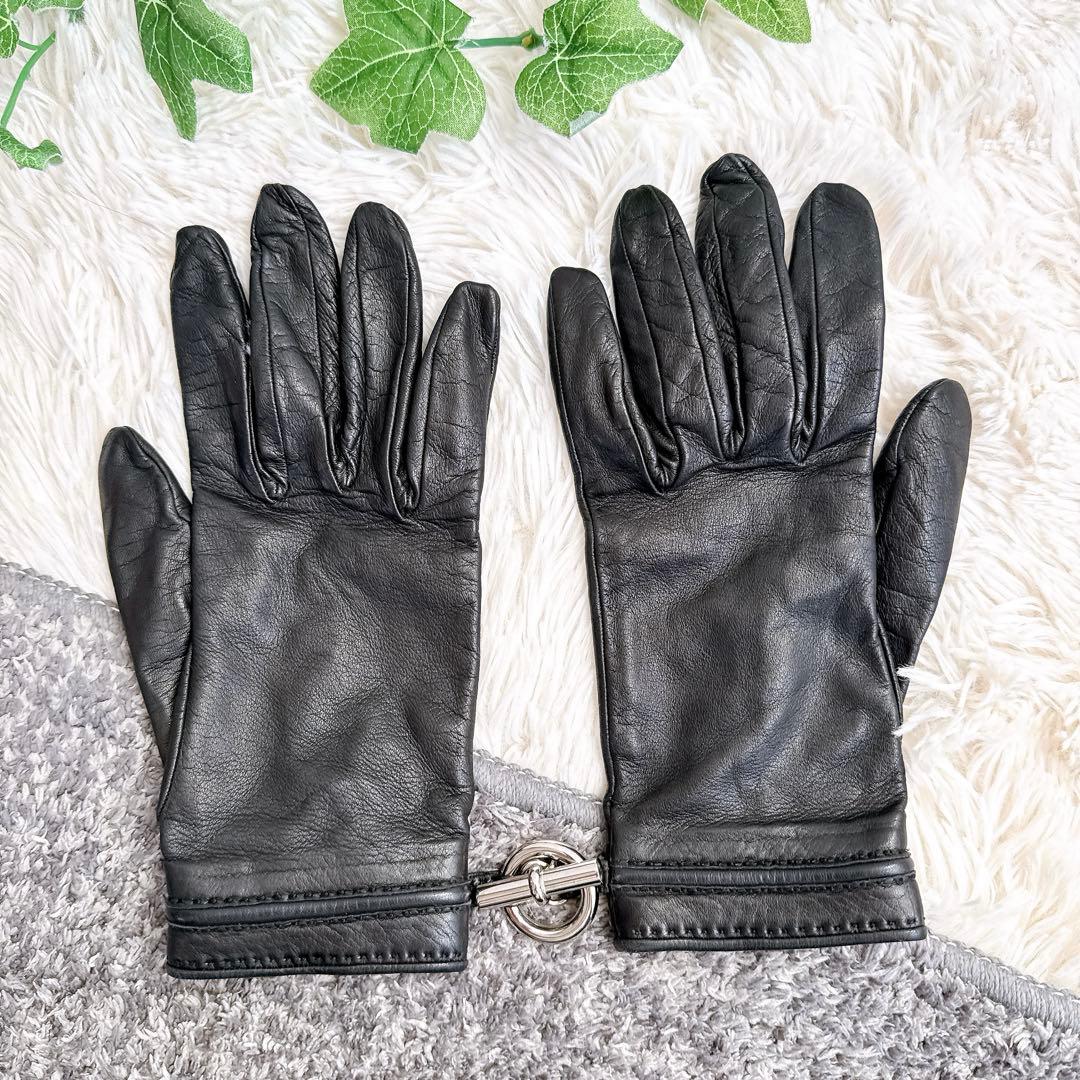 鑑定済み　HERMES エルメス　レザー　グローブ　手袋　ブラック　シルバー金具