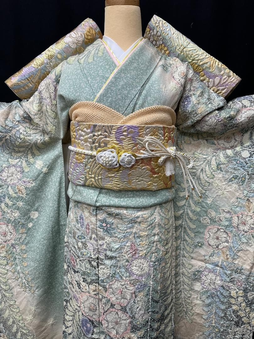 辻が花 銀通し振袖 青緑系 辻が花膨れ織六通柄袋帯フルセット