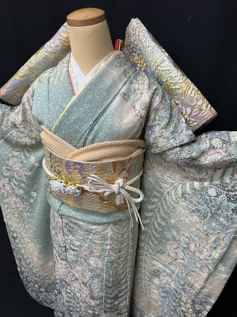 辻が花 銀通し振袖 青緑系 辻が花膨れ織六通柄袋帯フルセット