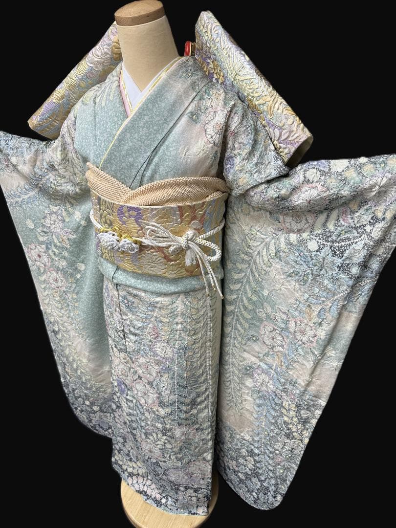 辻が花 銀通し振袖 青緑系 辻が花膨れ織六通柄袋帯フルセット