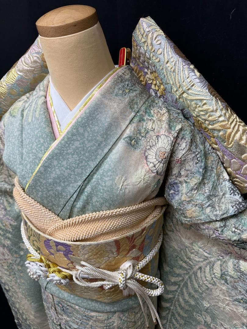 辻が花 銀通し振袖 青緑系 辻が花膨れ織六通柄袋帯フルセット