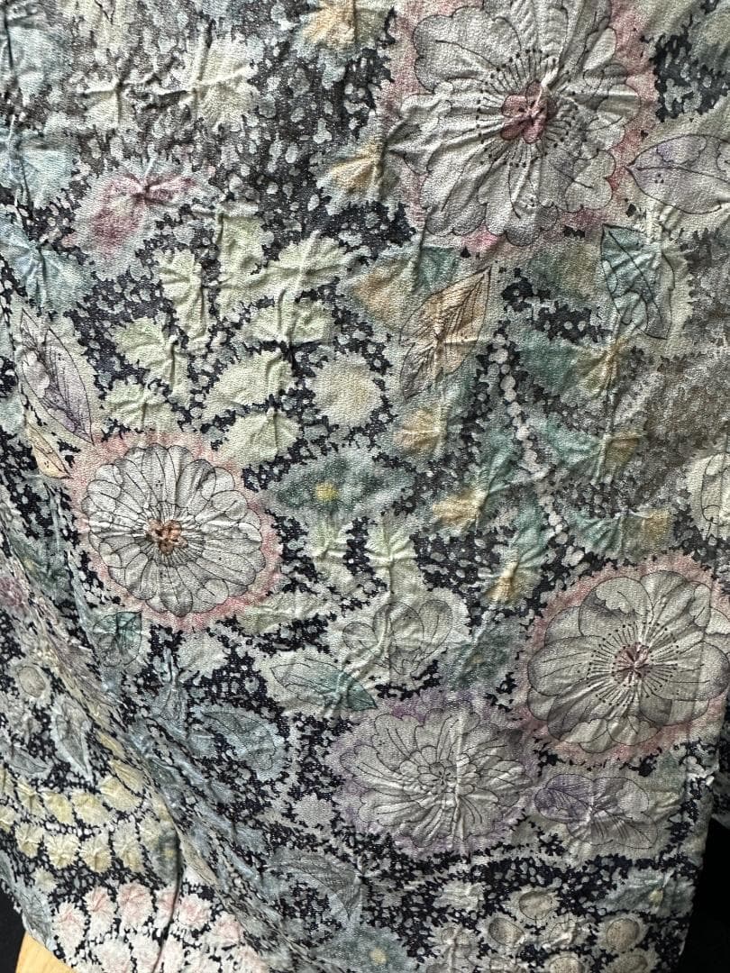 辻が花 銀通し振袖 青緑系 辻が花膨れ織六通柄袋帯フルセット