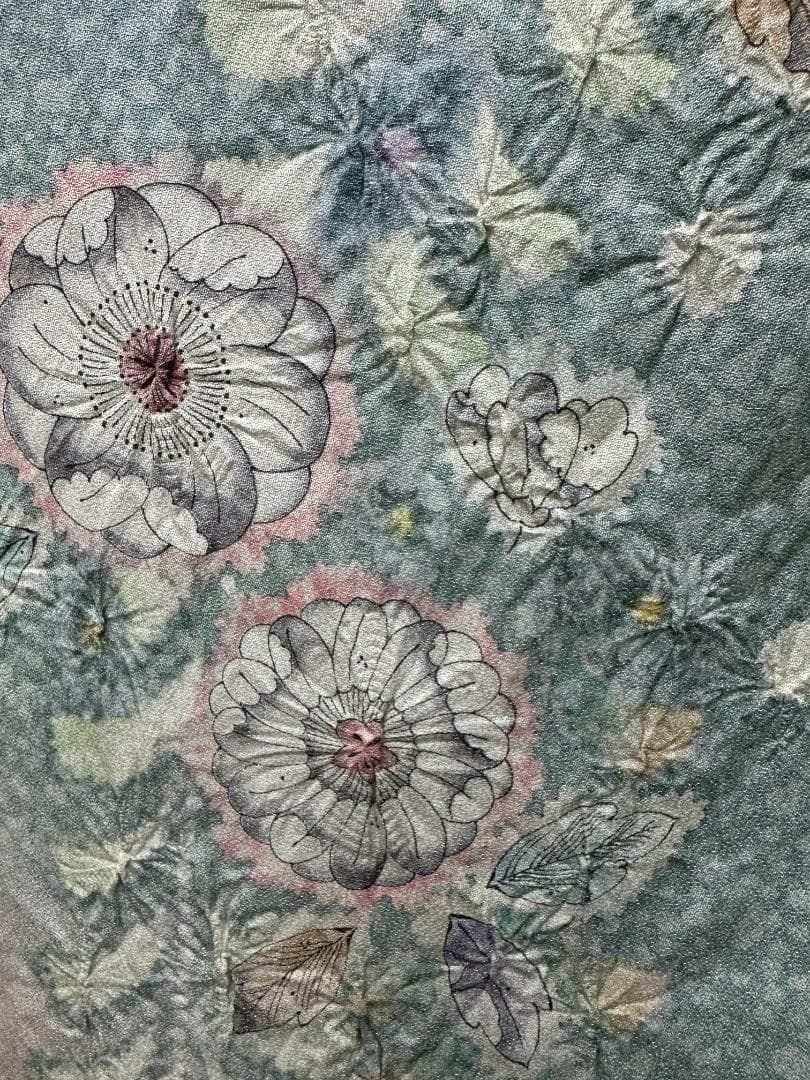 辻が花 銀通し振袖 青緑系 辻が花膨れ織六通柄袋帯フルセット