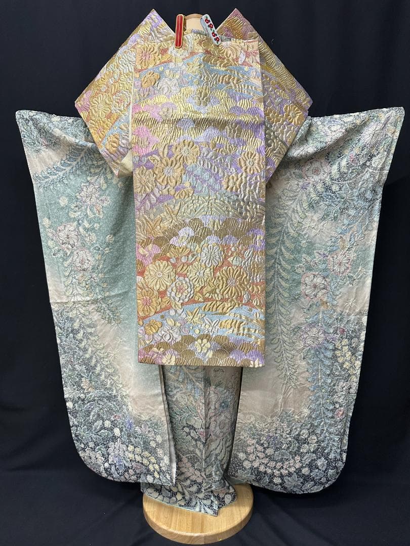 辻が花 銀通し振袖 青緑系 辻が花膨れ織六通柄袋帯フルセット