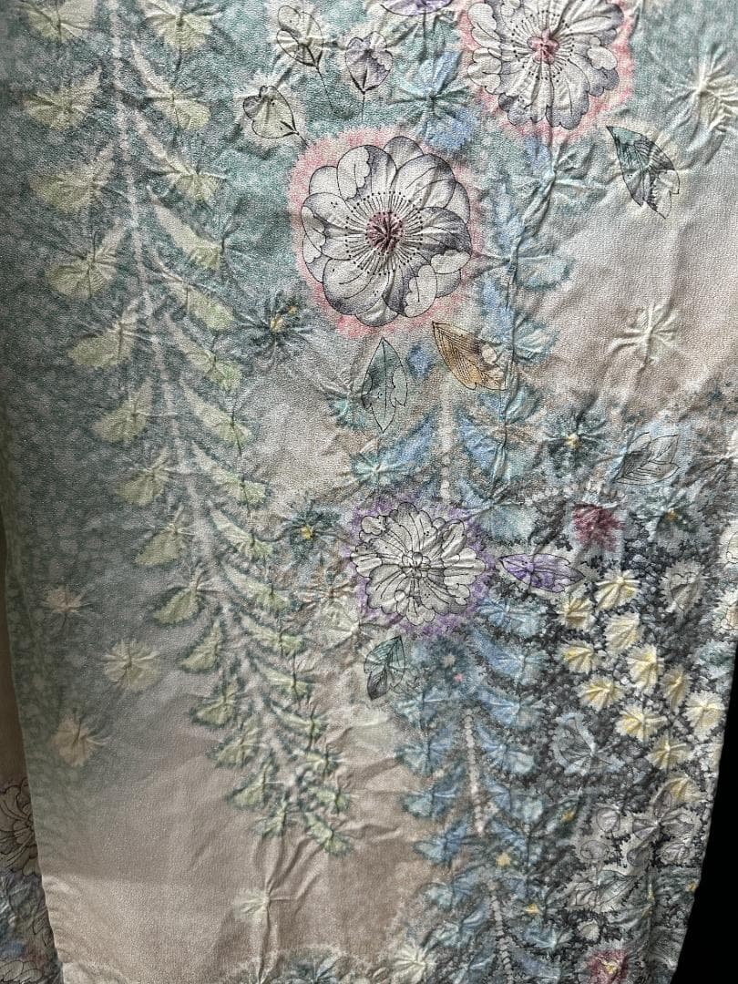 辻が花 銀通し振袖 青緑系 辻が花膨れ織六通柄袋帯フルセット