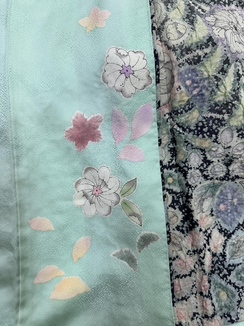 辻が花 銀通し振袖 青緑系 辻が花膨れ織六通柄袋帯フルセット