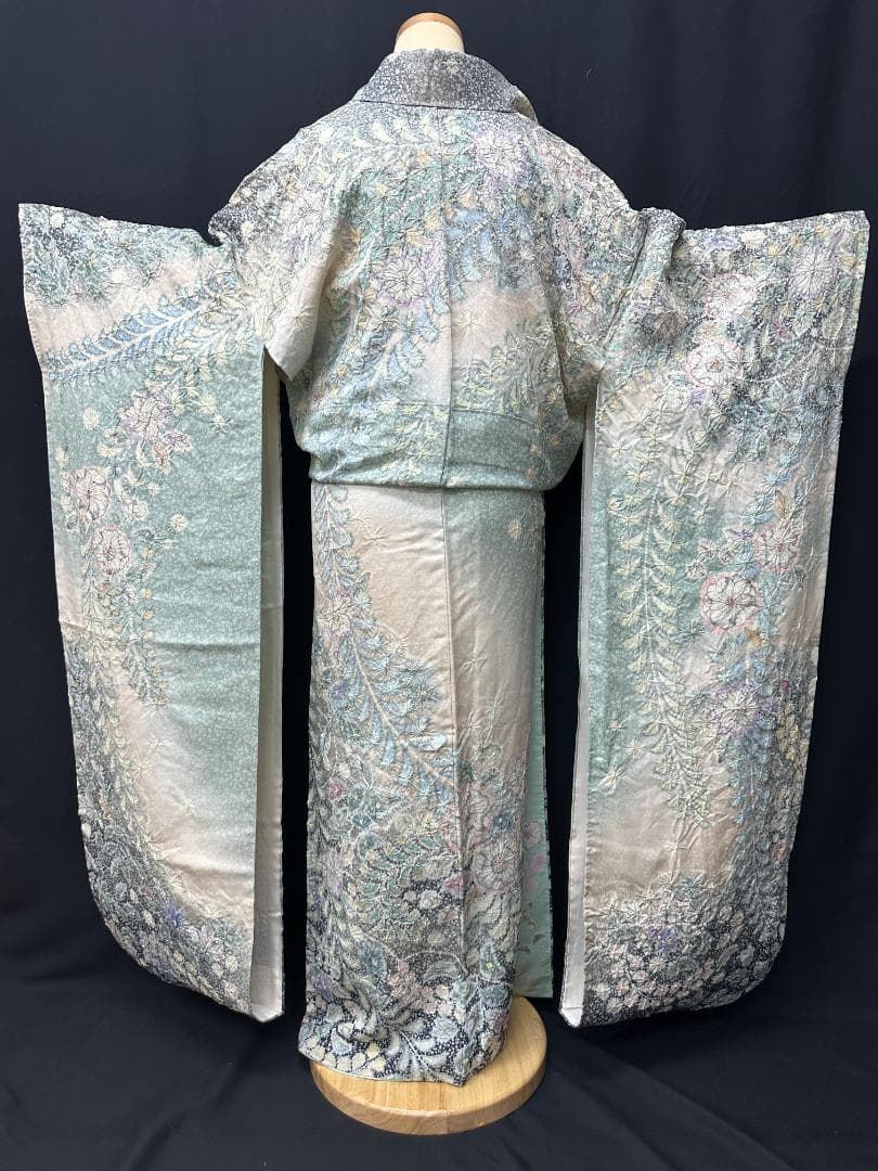 辻が花 銀通し振袖 青緑系 辻が花膨れ織六通柄袋帯フルセット