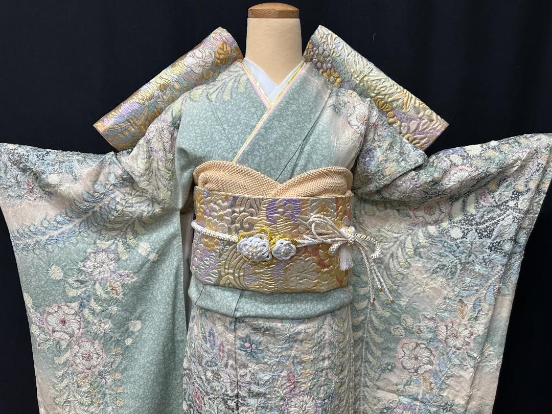 辻が花 銀通し振袖 青緑系 辻が花膨れ織六通柄袋帯フルセット