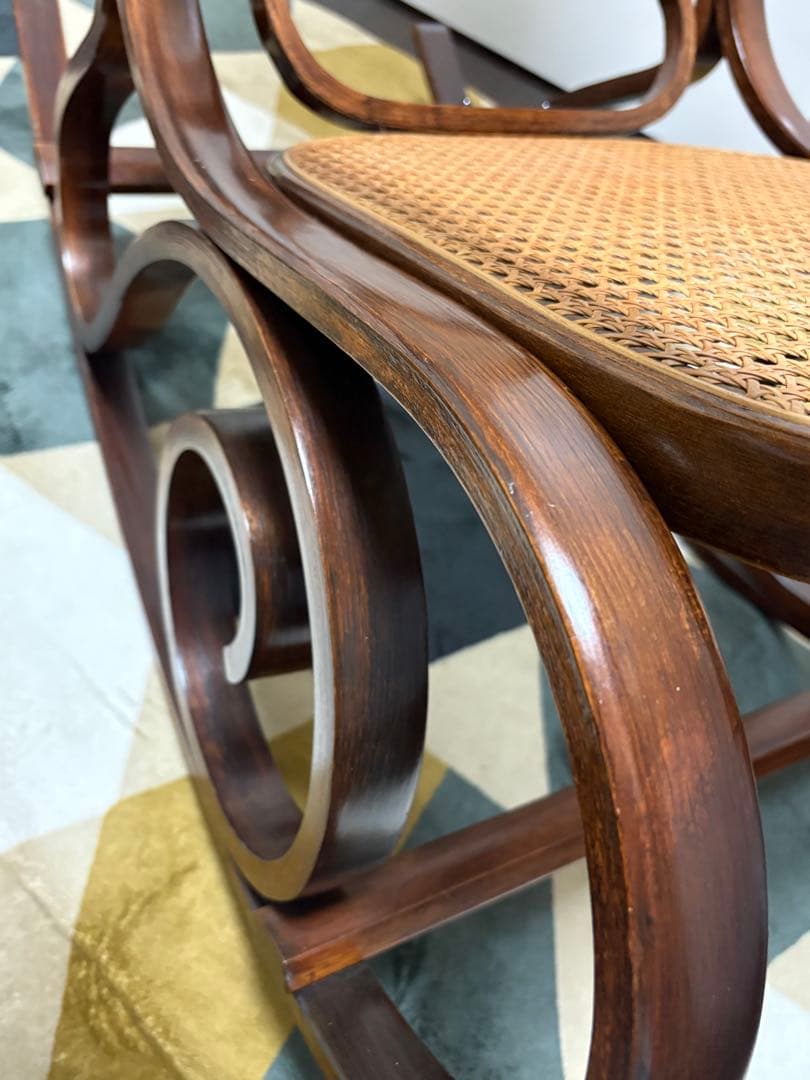 【クッション付き】木製ロッキングチェア ラタン