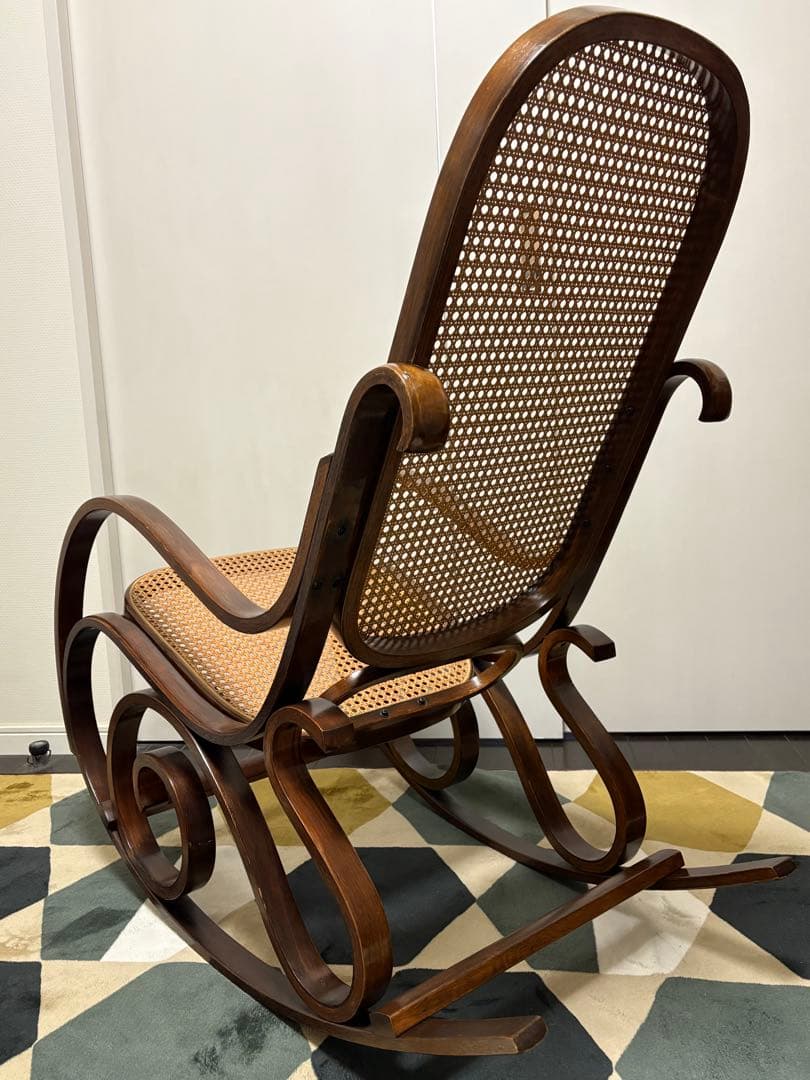 【クッション付き】木製ロッキングチェア ラタン