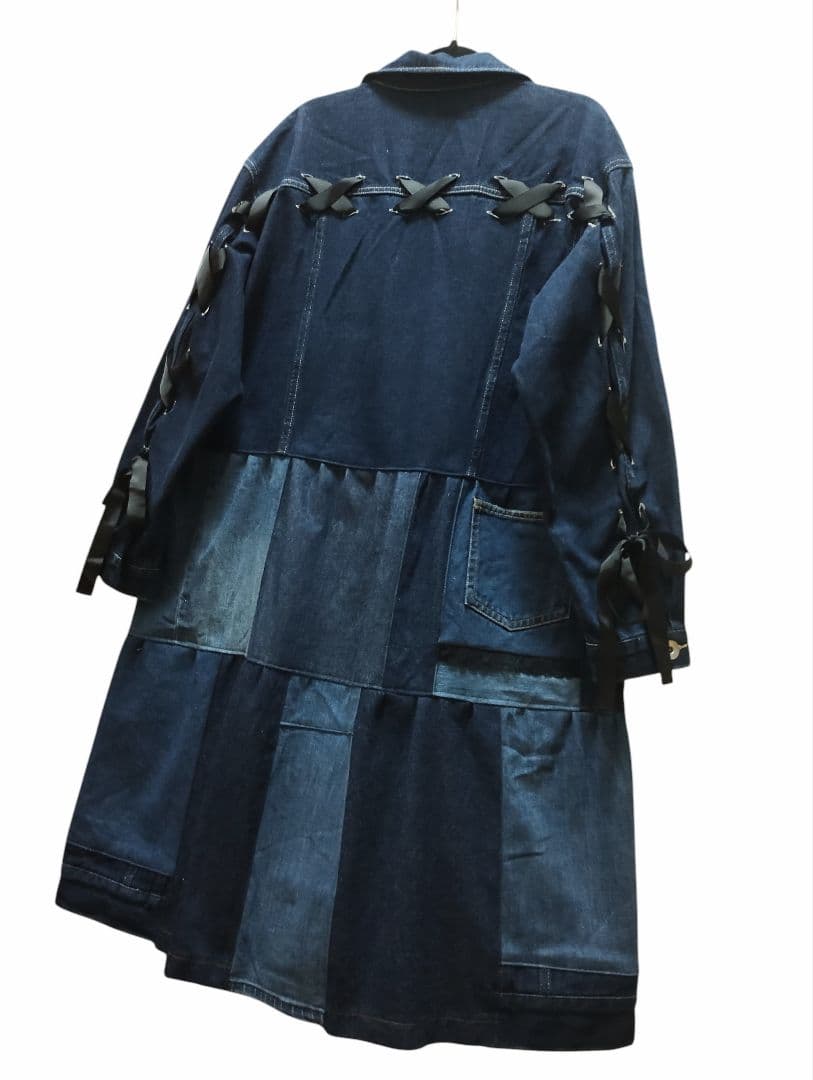 古着リメイク　編み上げリボンのの可愛いGジャンデニムリメイクロングジャケット