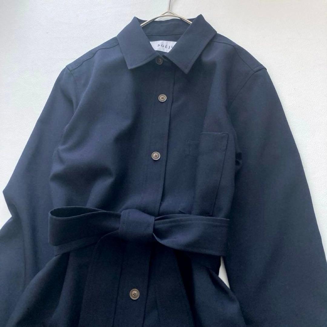 【大人気美品】SOEJU　ソフトオックスシャツワンピース ベルト付 ネイビー S