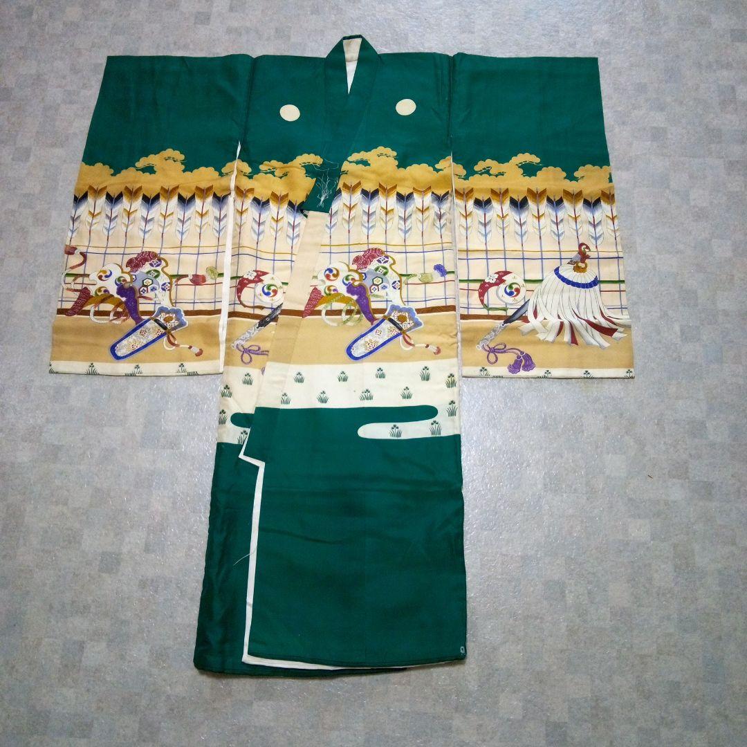 【七五三男の子3～5歳用】正絹着物（長襦袢付き）、ワンタッチ袴セット