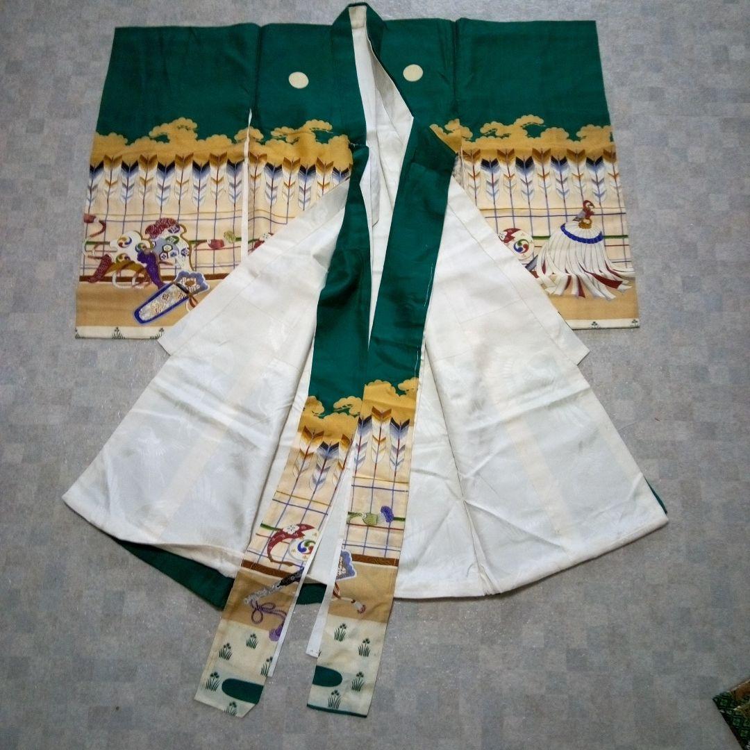 【七五三男の子3～5歳用】正絹着物（長襦袢付き）、ワンタッチ袴セット