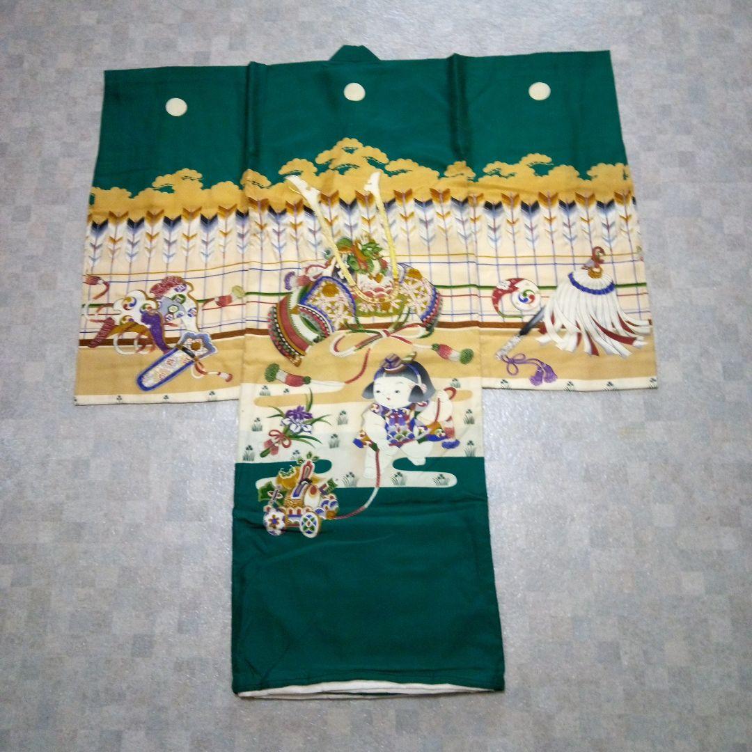 【七五三男の子3～5歳用】正絹着物（長襦袢付き）、ワンタッチ袴セット