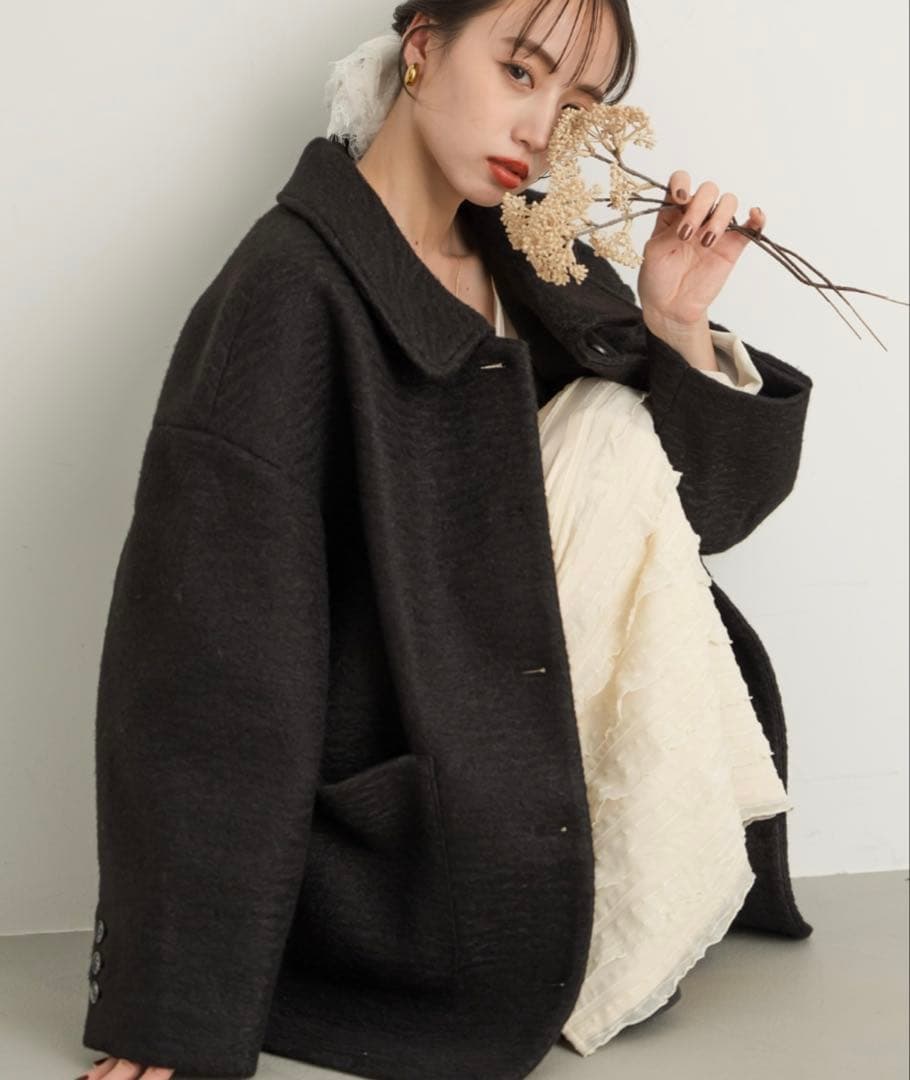 hinari ステンカラーシャギーミドルコート ブラック