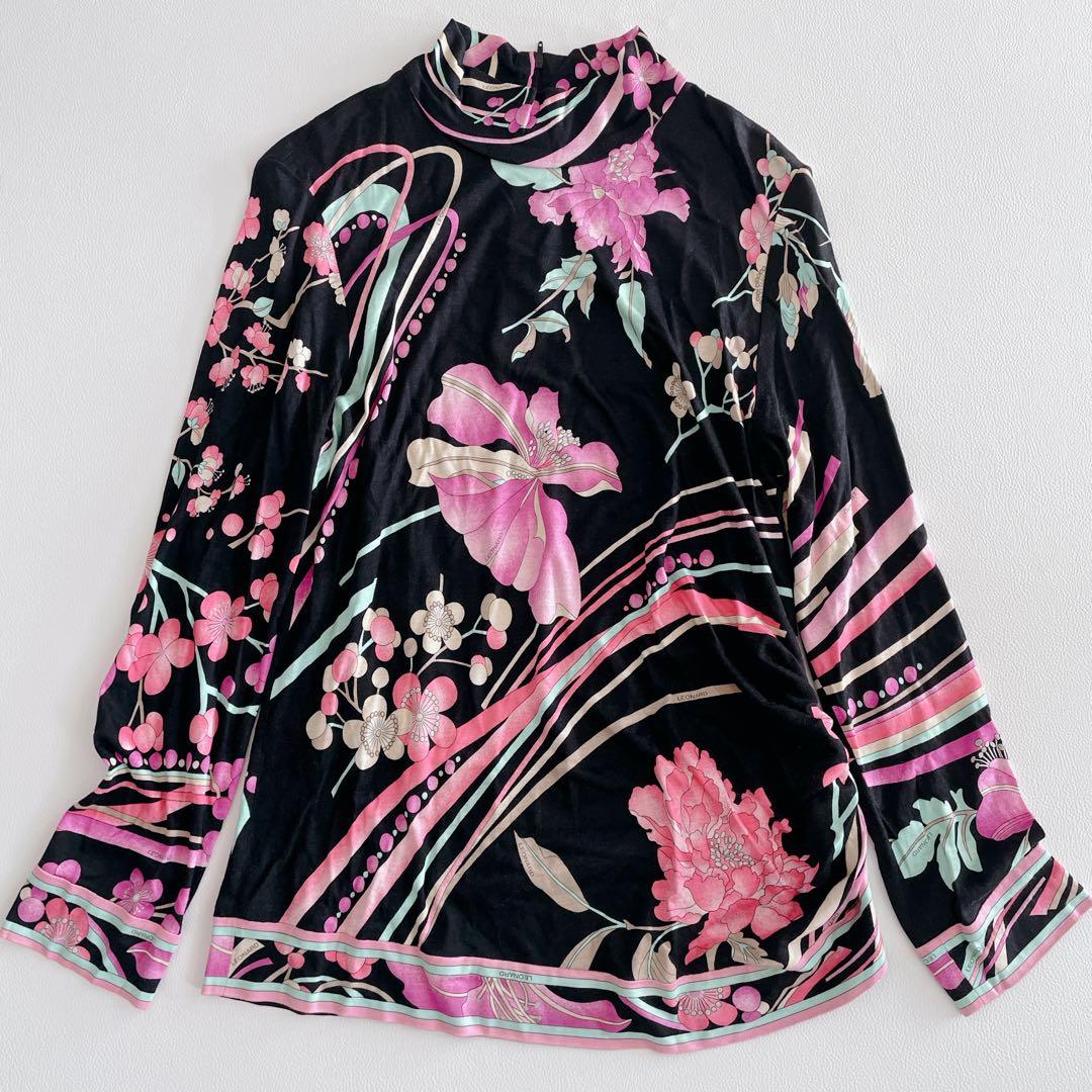 美品✨LEONARD レオナール トップス 長袖 シルク混 花柄 トリム 42