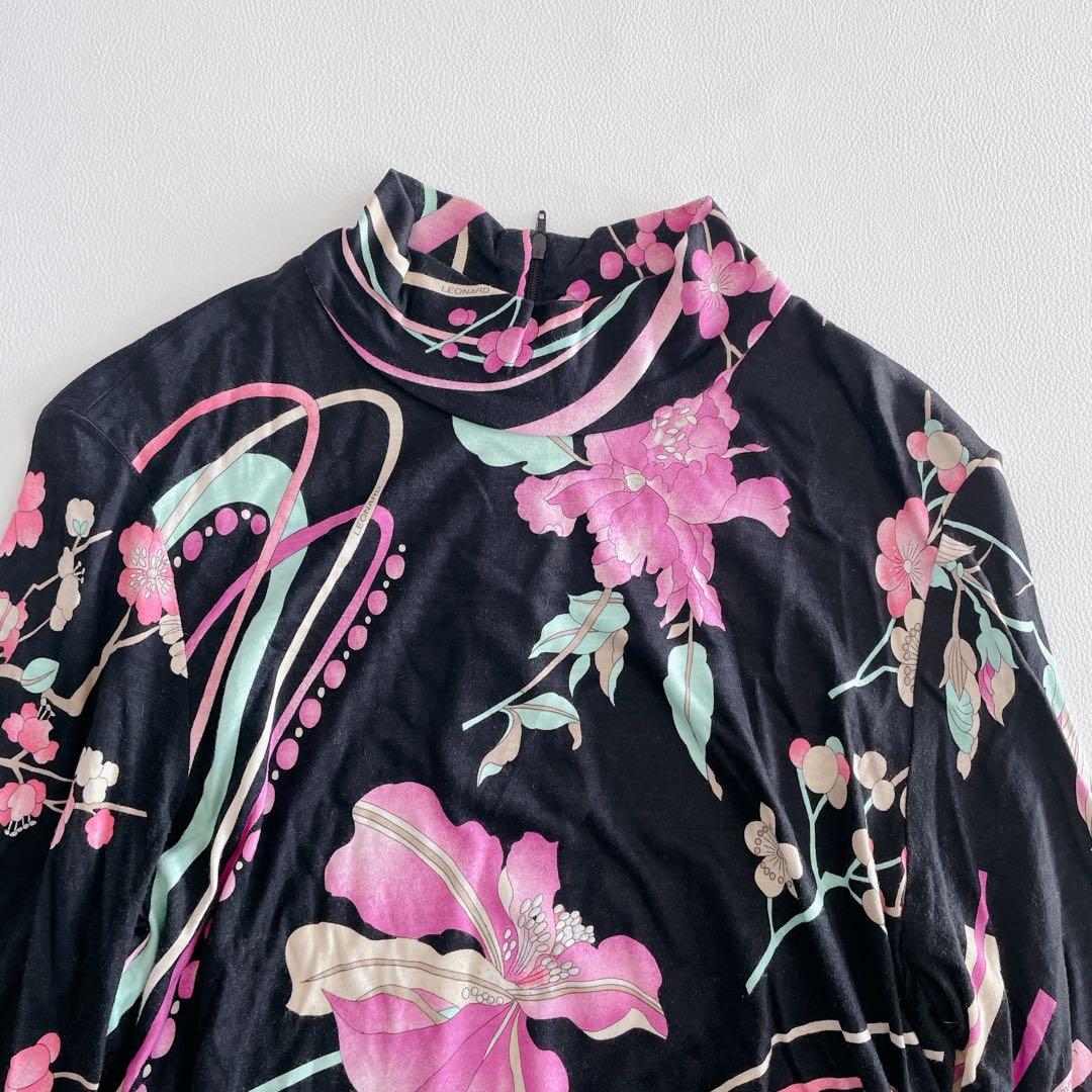 美品✨LEONARD レオナール トップス 長袖 シルク混 花柄 トリム 42