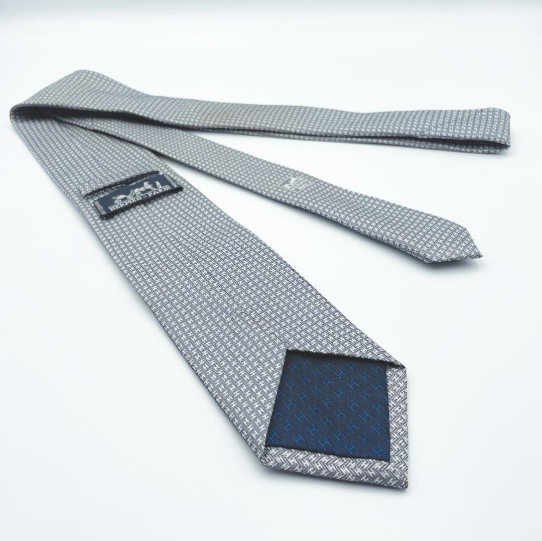 【HERMES（エルメス）】美品 ネクタイ H柄 シルク グレー シルバー