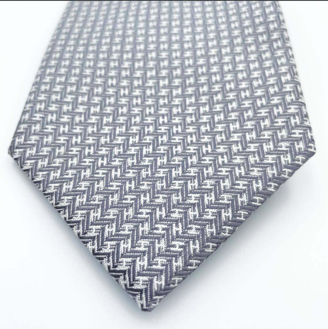 【HERMES（エルメス）】美品 ネクタイ H柄 シルク グレー シルバー
