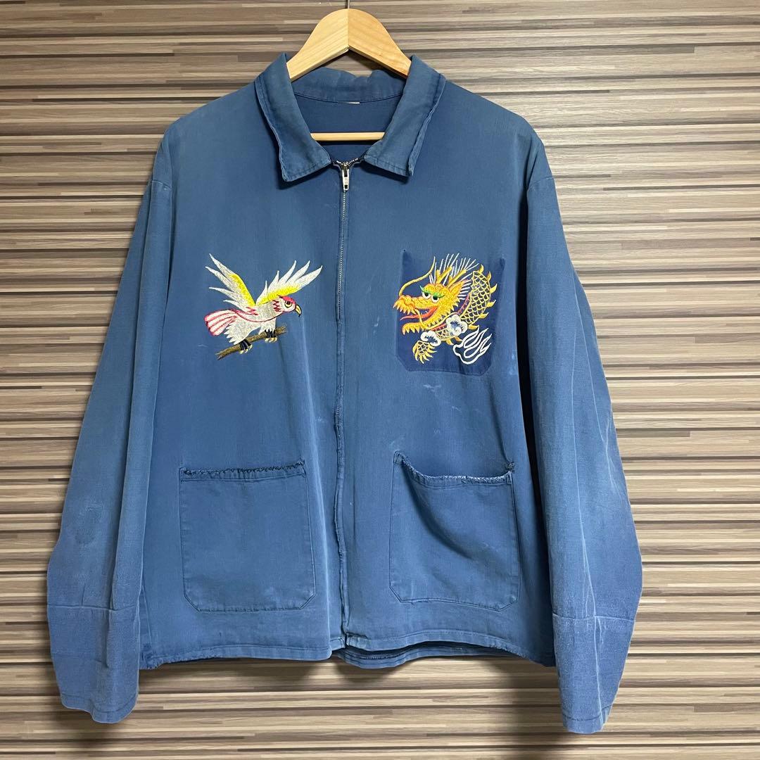 スーベニアジャケット　龍×鷹　刺繍　ブルー