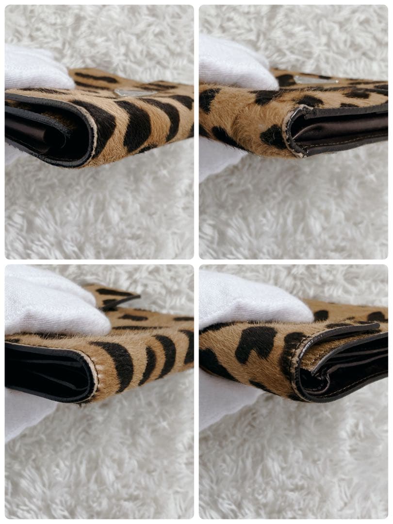 希少✨ プラダ 折り財布 ハラコ ヒョウ柄　三角ロゴプレート　トライアルロゴ