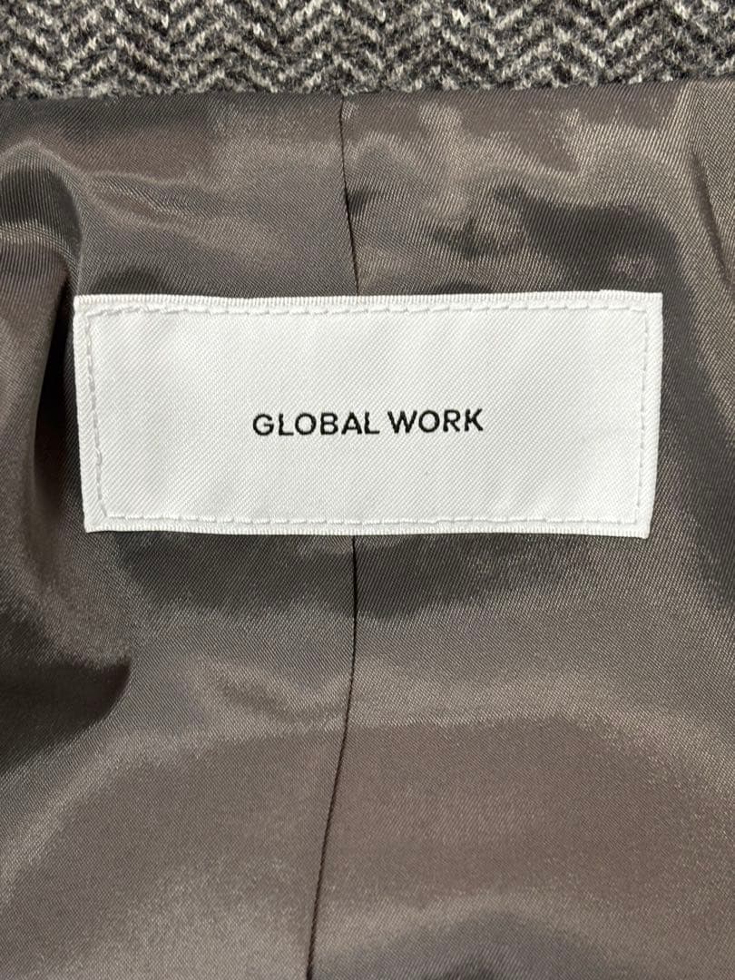 グローバルワーク　軽やかストレッチ襟2WAYミドルコート　グレーミニヘリンボーン