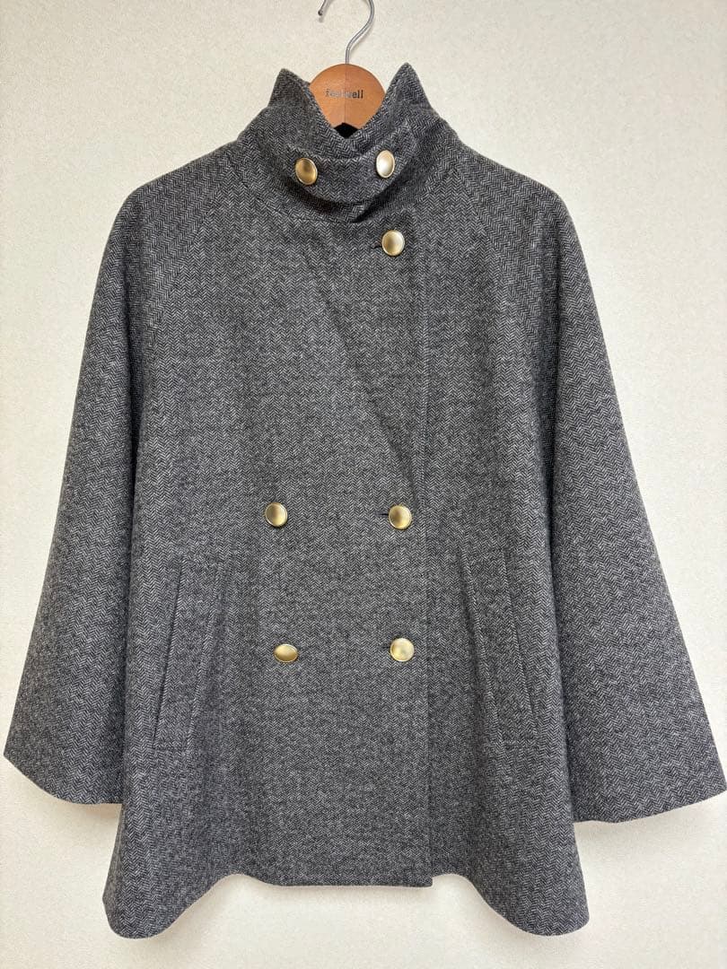 グローバルワーク　軽やかストレッチ襟2WAYミドルコート　グレーミニヘリンボーン