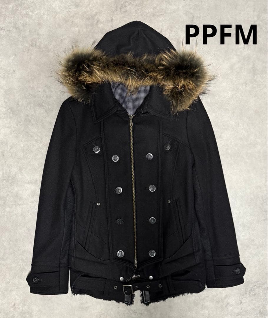 y2k 00s PPFM ナポレオンジャケット Pコート リアルファー　ブラック