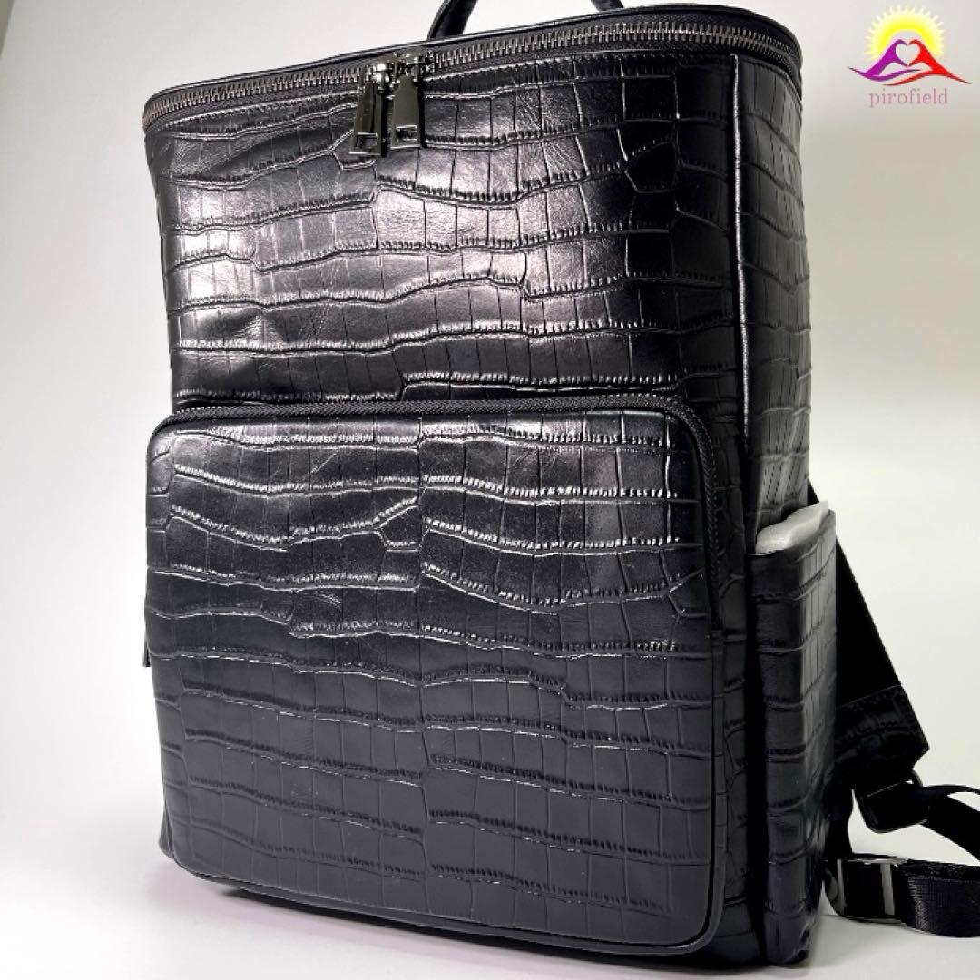 【新品✨】クロコダイル風メンズバックパックリュック大容量 本革型押し渋め黒