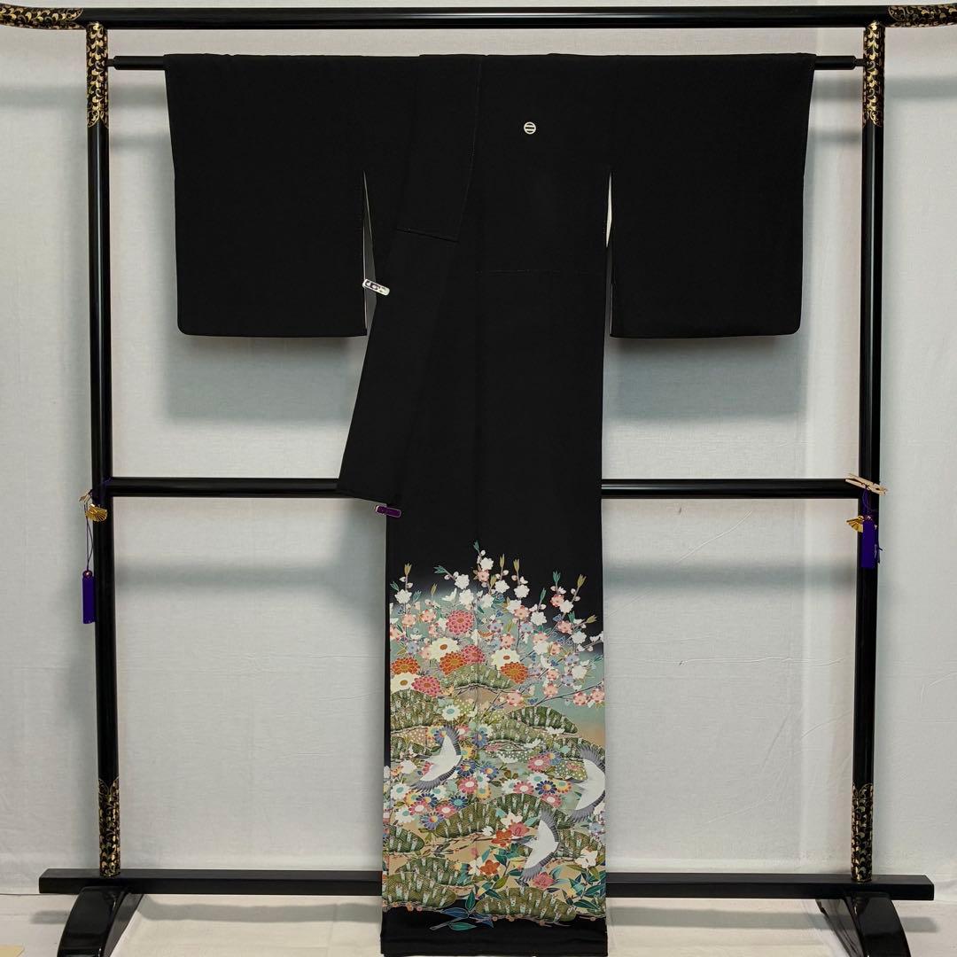 D160 黒留袖　友禅　鶴　花模様　正絹　着物　袷