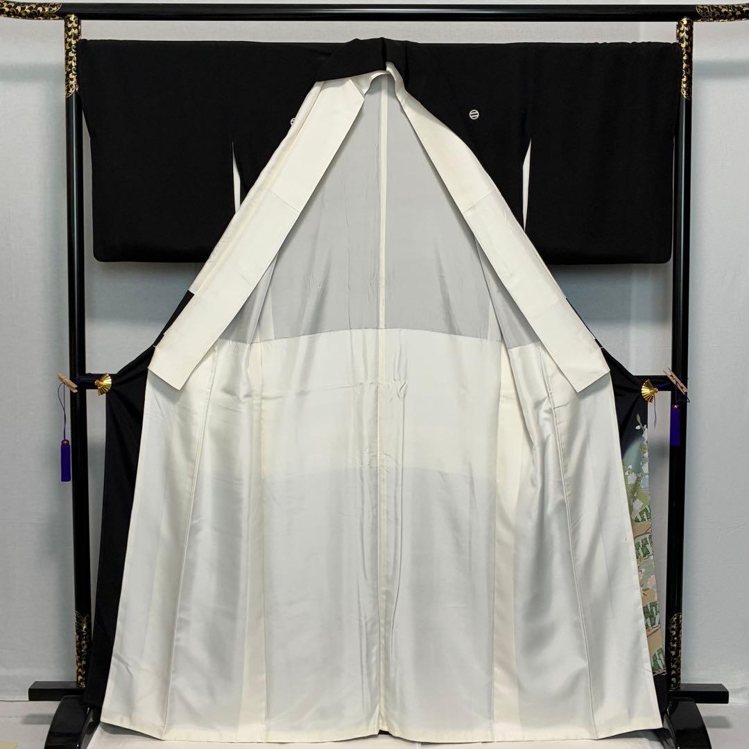 D160 黒留袖　友禅　鶴　花模様　正絹　着物　袷