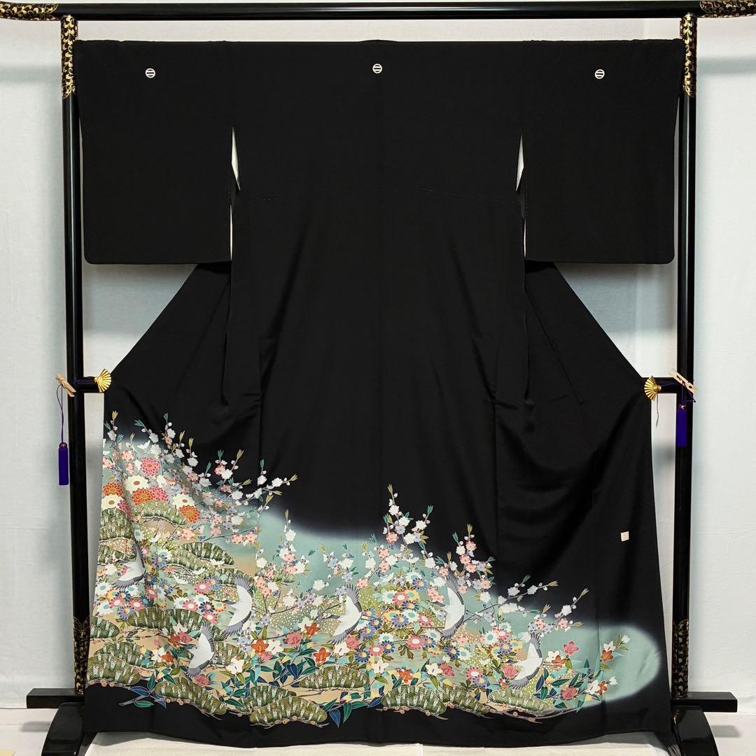 D160 黒留袖　友禅　鶴　花模様　正絹　着物　袷