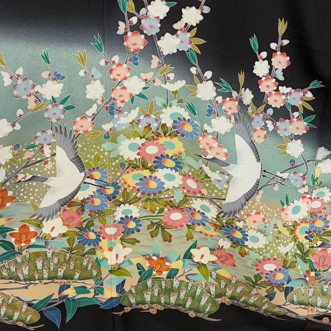 D160 黒留袖　友禅　鶴　花模様　正絹　着物　袷