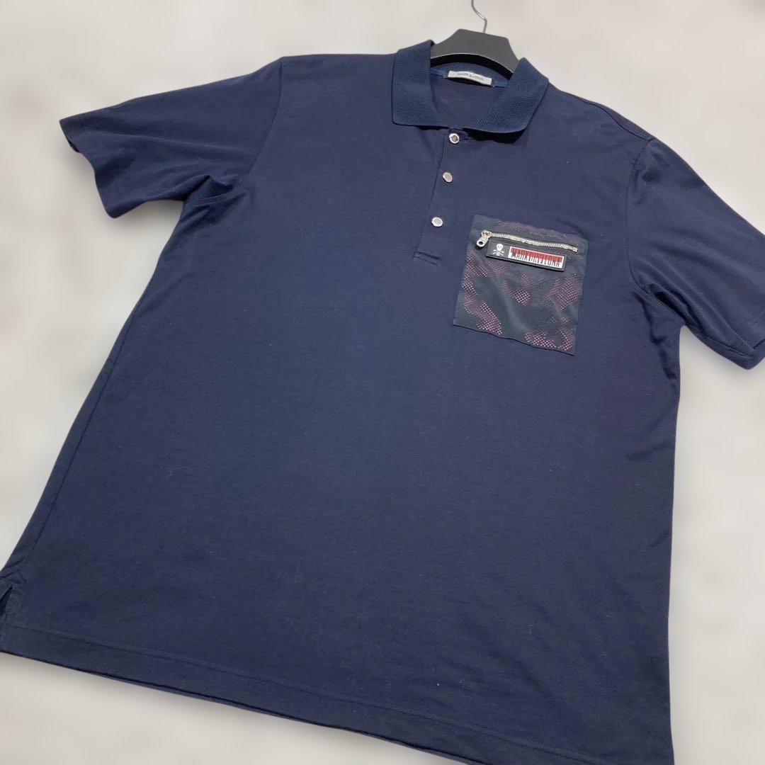 未使用級 マークアンドロナ ゴルフウェア ポロシャツ ドクロ Lサイズ相当 紺色