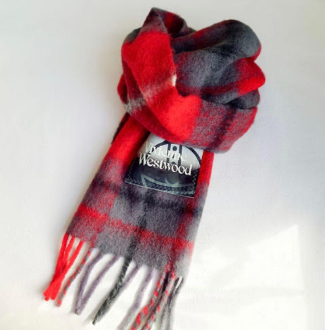 Vivienne Westwood タータンチェック ロゴ フリンジ マフラー