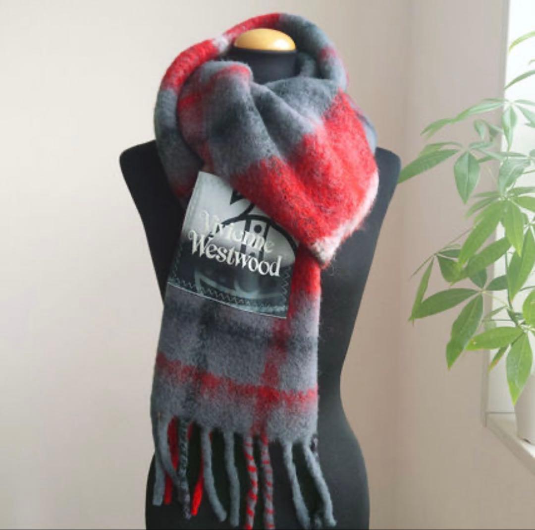Vivienne Westwood タータンチェック ロゴ フリンジ マフラー
