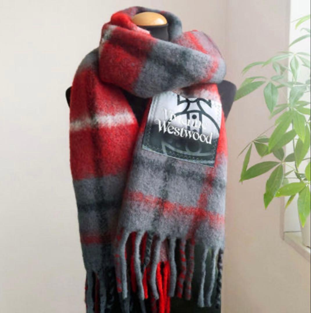 Vivienne Westwood タータンチェック ロゴ フリンジ マフラー