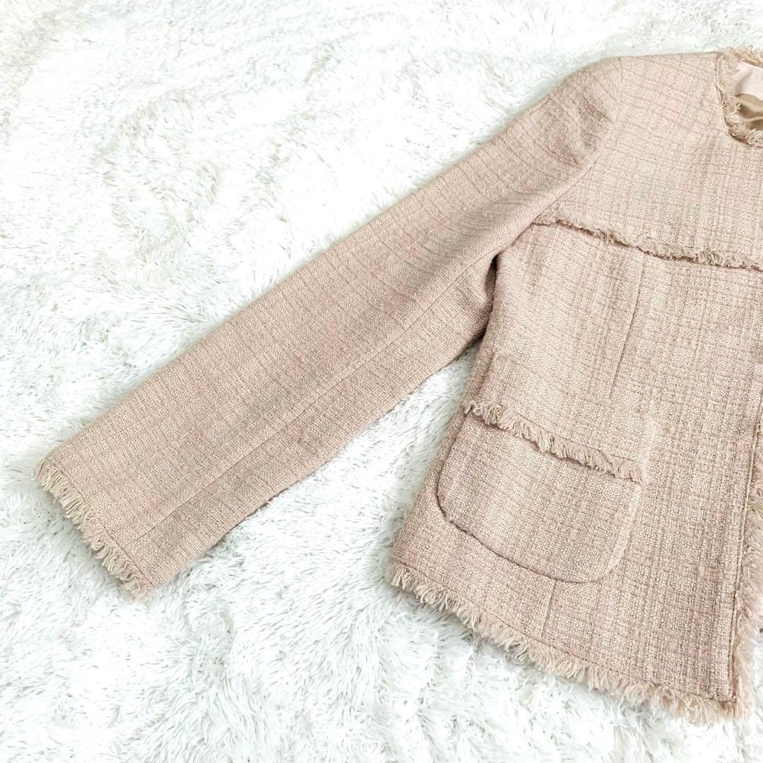 【美品】アナイ ANAYI ツイード ノーカラー ジャケット ピンクベージュ