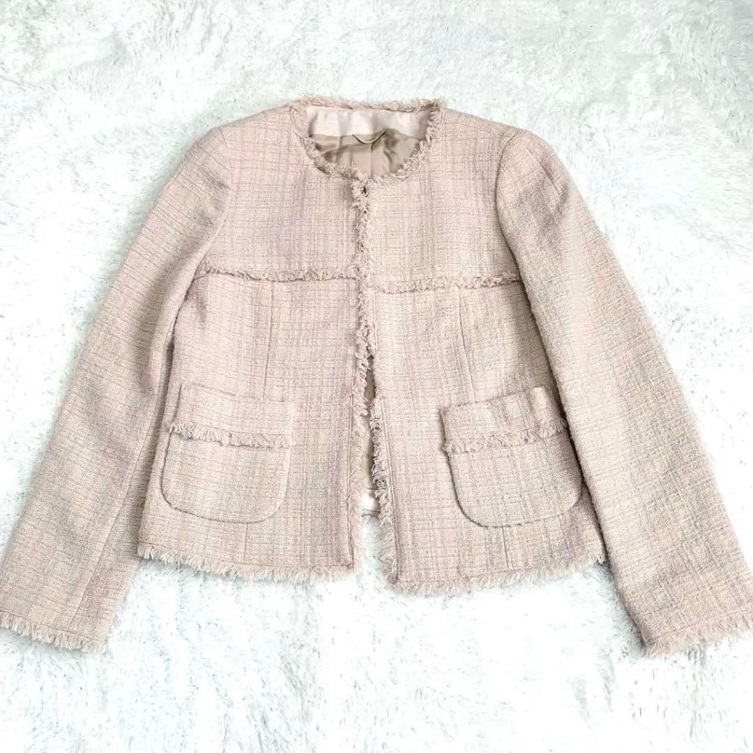 【美品】アナイ ANAYI ツイード ノーカラー ジャケット ピンクベージュ