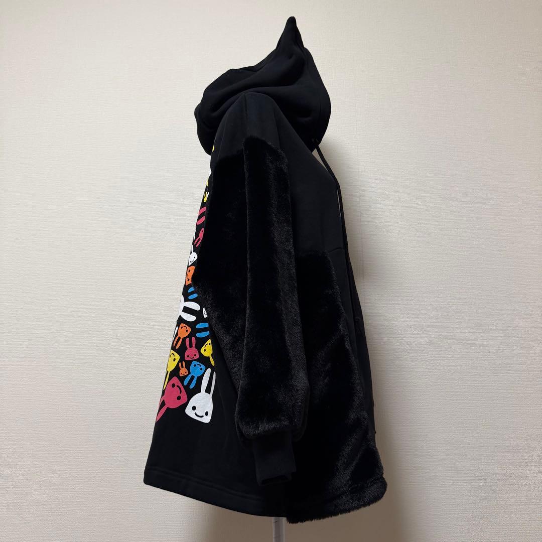 CUNE　袖ファー耳付きジップパーカー　黒　日本製　タグ付き　定価約3.5万