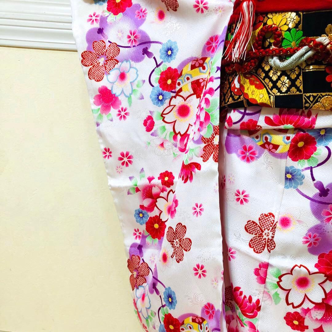豪華白地7歳完全フルセット‼️着物長襦袢全通袋帯新品⭐︎手毬花金彩煌びやか際立つ逸品
